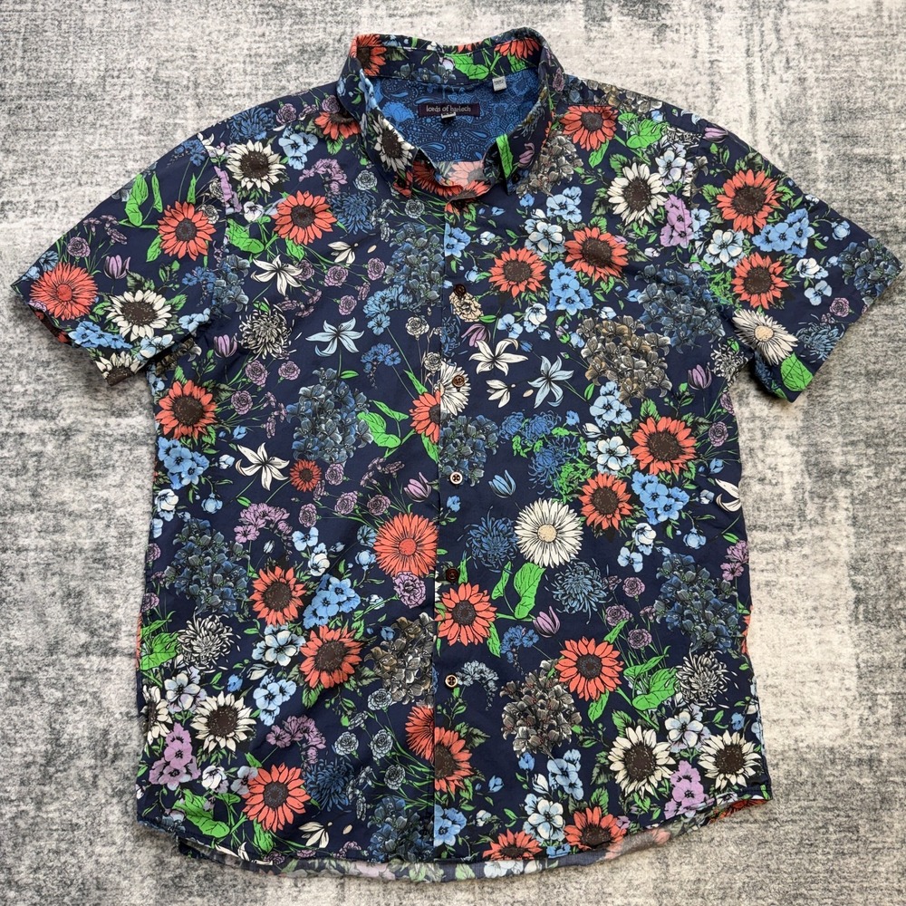 Lords of Harlech Shirt Mens Large Tim Rumspringa Navy Floral Button Up Artsy
